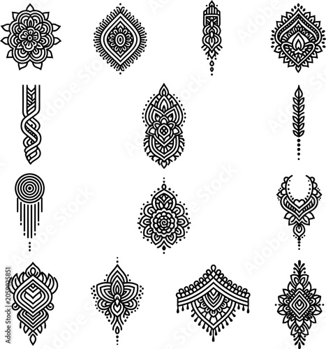 Collection of various small henna inspired decorative elements isolated on white for creative design projects