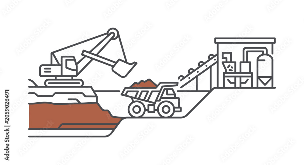 Fototapeta premium Open pit mining operation with excavator and truck.