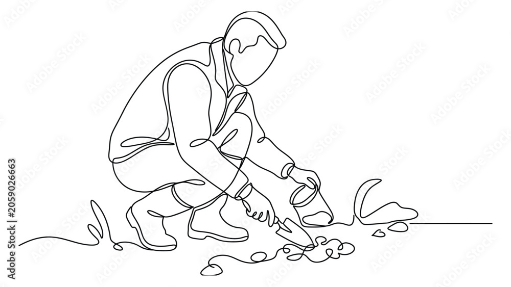 Obraz premium Man crouching and watering plants outside.