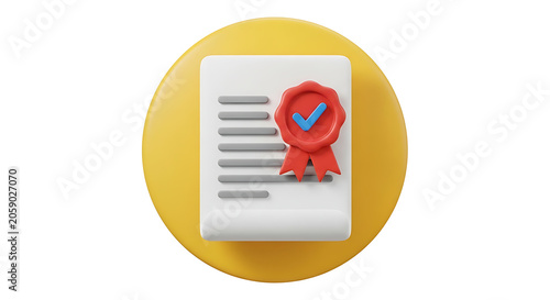 3D icon of a document with a red wax seal and blue checkmark document certificate checkmark approval verification business completed validated guarantee official contract certified