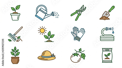 Fotografie Gardening Tools and Plants Icon Set.