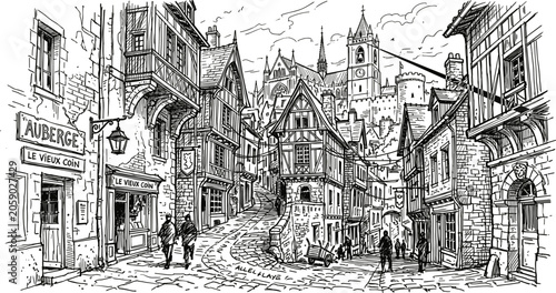 Cuadro en lienzo Medieval European Village Street Scene Vector Illustration Featuring Hand Drawn