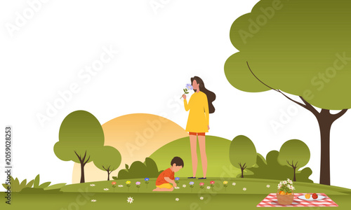 Fun picnic in nature for a woman with a small child