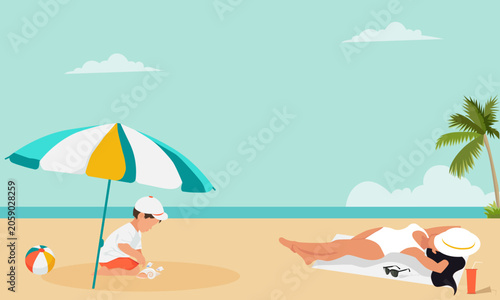 woman and a child sunbathe on the beach