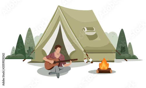  man with a guitar sits by a fire in the forest