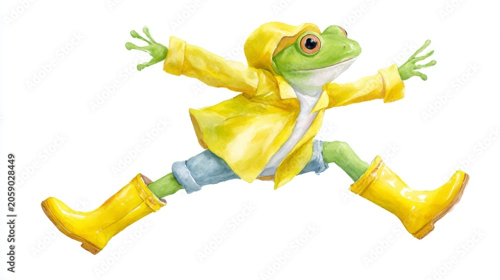 Naklejka premium Green frog leaping in yellow raincoat on white background