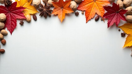 Colorful autumn leaves in red, orange, and yellow arranged with nuts and star anise on a white wooden background, creating a seasonal decorative border