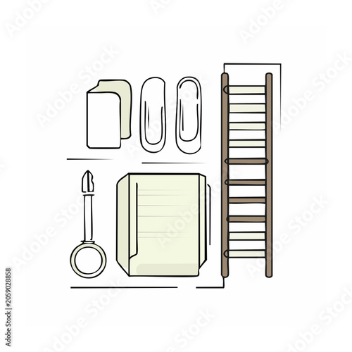 Line art illustration of office supplies and ladder