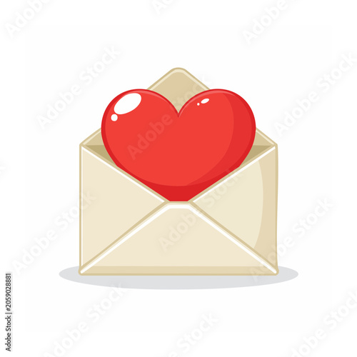 Red heart in open beige envelope illustration