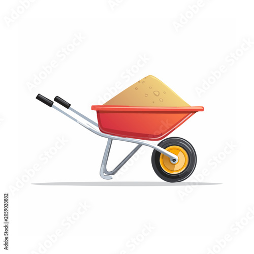 Red wheelbarrow filled with sand, flat design illustration