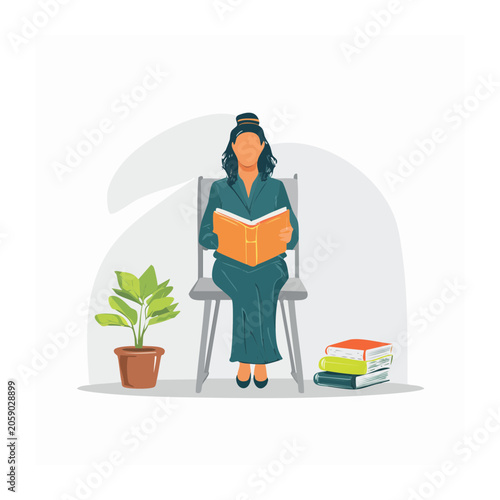 Woman reading a book in flat design illustration