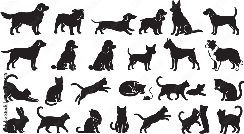 Obraz premium Pets silhouette bundle, vector isolated dog breeds, cats in various poses, and rabbit collection on white background