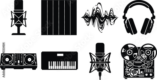 Foto Audio recording and music production vector icons set featuring microphone headp