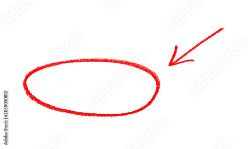 Red Hand-Drawn Marker Circle Highlight and Arrow Pointer Isolated on White Background
