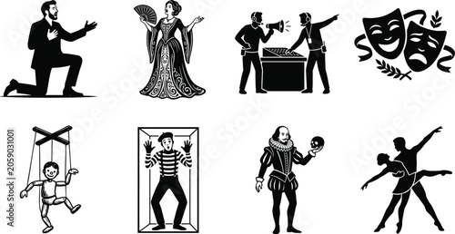Theater and performing arts vector icon set featuring actors opera singers mime marionette and comedy tragedy masks