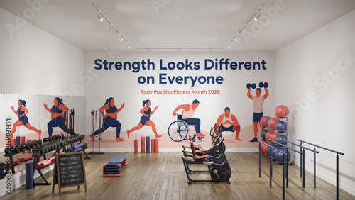 Inclusive gym interior with body positive fitness month wall mural