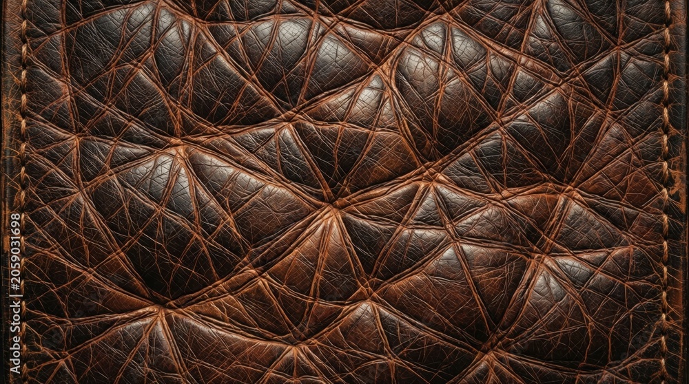 Naklejka premium Brown leather upholstery closeup with stitched quilted texture