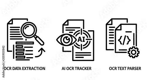 Optical character recognition ocr data extraction and artificial intelligence tracking icons with extraction artificial intelligence tracking document scanning analysis software technology