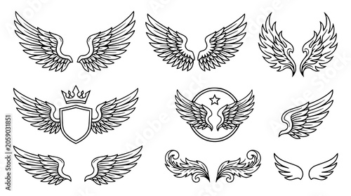 Heraldic wing vector bundle with angel bird and feathered emblem symbols