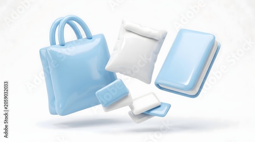 Floating light blue shopping bag and stationary set mockup on white background with shopping stationery floating minimalist branding identity consumer business
