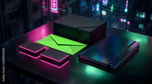 Dark neon stationery set with glowing envelope and notebook on desktop stationery envelope notebook lighting branding template business minimalist creative