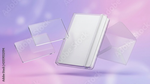 Floating transparent acrylic stationery set mockup with soft purple gradient transparent stationery floating gradient minimalist branding identity template