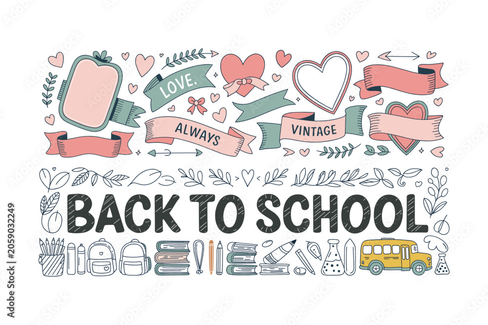 Fototapeta premium Back to School and Vintage Love Doodle Elements Vector Illustration