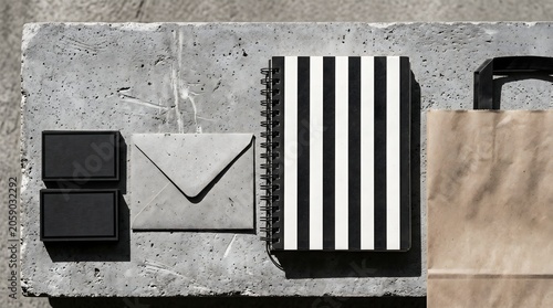 Black and white striped notebook with envelope and paper bag on concrete notebook envelope concrete minimalist branding identity stationery business workspace