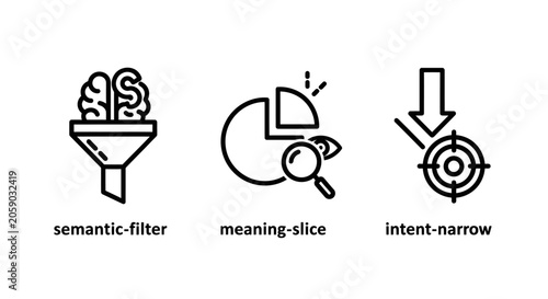 Semantic analysis and intent filtering strategy icons with semantic analysis strategy targeting business marketing magnifying precision optimization information intelligence planning