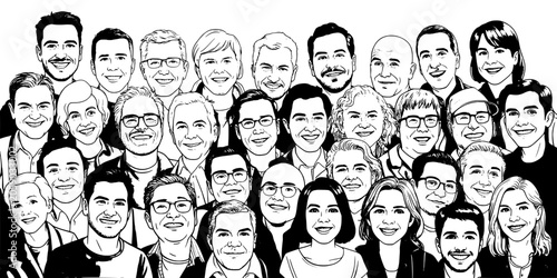 Manifold of Small Grayscale Avatars Silhouettes Forming a Crowd in a Minimalist Pattern Featuring Human Figures, Group, People with Faces and Heads