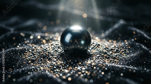 Metal sphere resting among glittering granules on dark fabric