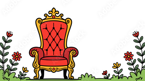 Ornate red chair surrounded by colorful flowers in a whimsical style  