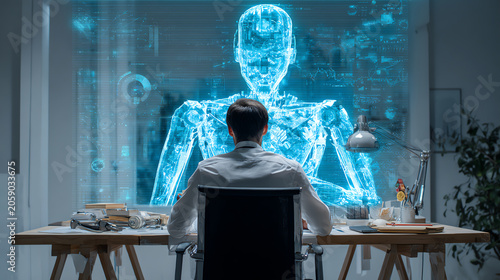 A scientist explores holographic technology while analyzing digital human anatomy in a modern lab environment.