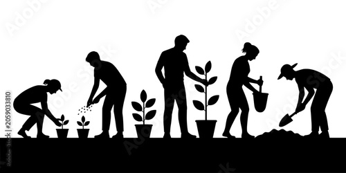 People Gardening with Plants and Tools in a Garden Setting Featuring Planting, Soil, Shovel with Watering and Growth Elements for Nature, Outdoor