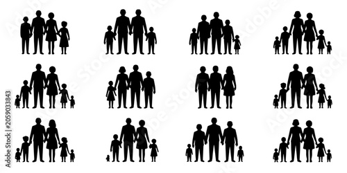 People Group Silhouettes Standing Together in Rows, Diverse Community Figures Icon Set on White Background