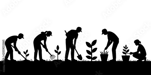 People Planting, Gardening, and Landscaping with Shovels and Rakes in a Field with Plants and Grass Featuring Silhouettes, Black, Outdoor Work With