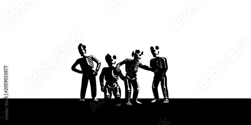 People Silhouettes Lineup Marching Forward in Black and White, Diverse Group of Men and Women Standing on a Dark Ground