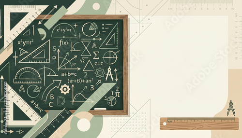 Mathematics blackboard with formulas equations and geometric shapes chalkboard art.