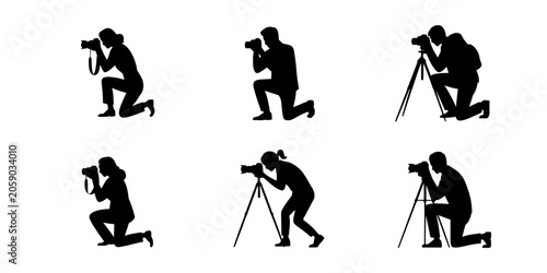 Photographers Using Cameras in Various Poses and Positions Featuring Photographer, Camera, Silhouette with Kneeling and Standing Elements for Tripod,