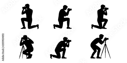 Photographers Kneeling and Using Cameras in Various Positions Featuring Photographer, Camera, Photography with Silhouette and Black Elements For