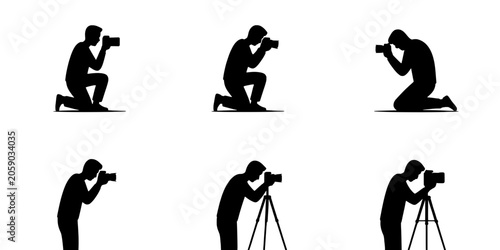 Photographers Using Cameras in Various Positions and with Tripods Featuring Photographer, Camera, Tripod with Kneeling and Standing Elements For