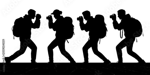 Photographers Walking with Backpacks and Cameras in a Sequence of Motion Featuring Silhouette, Black, White with Outdoor and Adventure Elements For