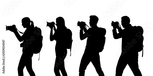 Photographers with Cameras and Backpacks Walking in a Line Featuring Silhouette, Black, White with Outdoor and Adventure Elements for Travel,