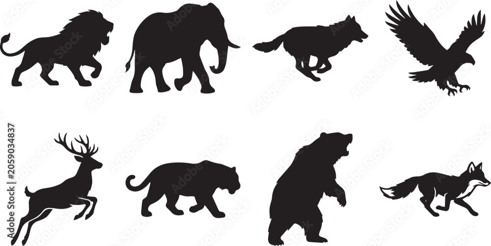 Obraz premium Wild animals vector silhouette collection featuring a running lion, elephant, wolf, flying eagle, jumping deer, panther, bear, and fox.