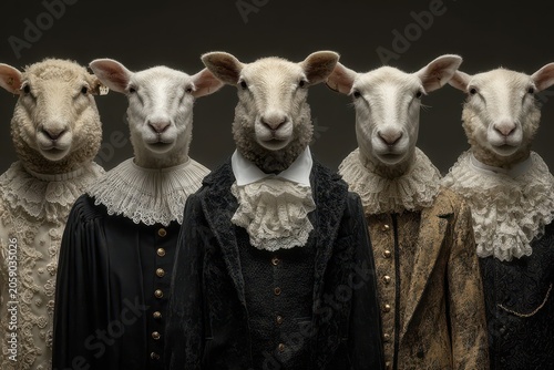 Five Anthropomorphic Sheep in Formal Black and Gold Robes as Choir Group
