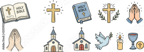 Hand Drawn Religious Symbols and Church Icons Set with Crosses and Holy Elements Illustration