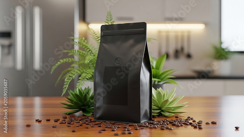 Black Coffee Bag Surrounded by Beans and Plants
