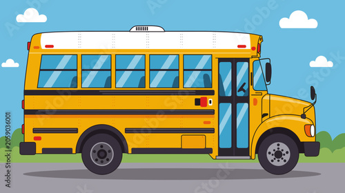 Yellow school bus on the road with green background and clouds  