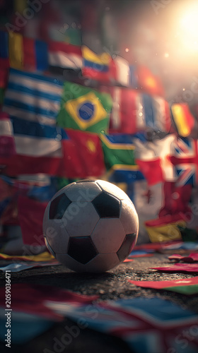 Soccer ball surrounded by flags of participating nations