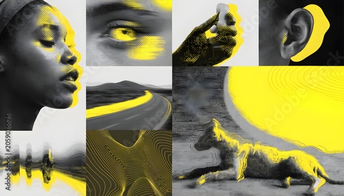 Abstract artistic collage with yellow paint splashes on portrait and landscape elements abstract artistic splashes portrait landscape composition contrast creative monochrome assembly